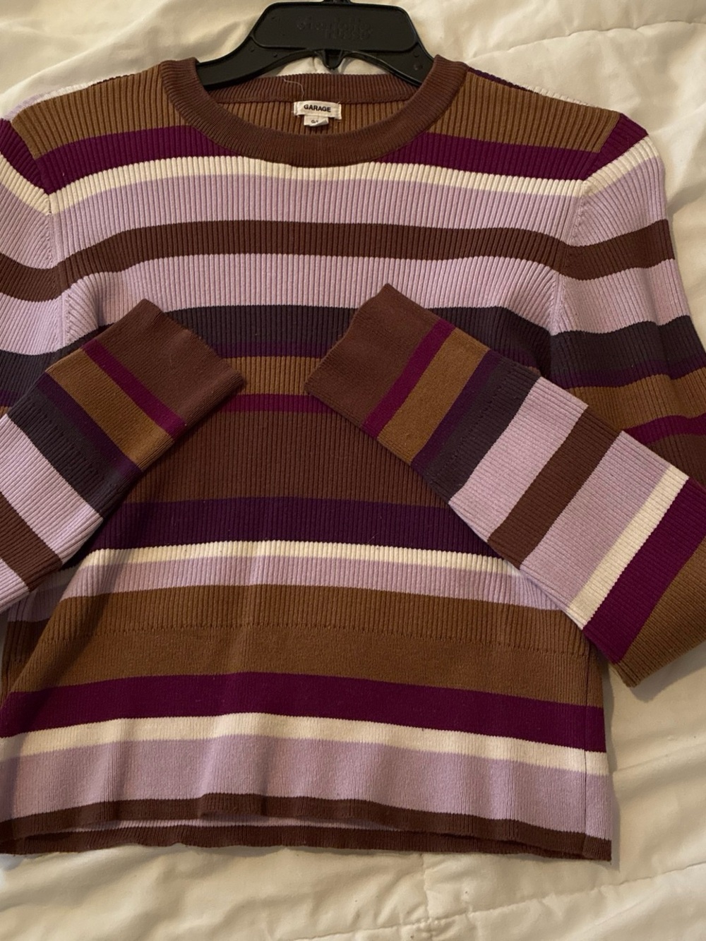Garage Women's Striped Rib-Knit Crew Sweater in Brown, Purple & Lavender